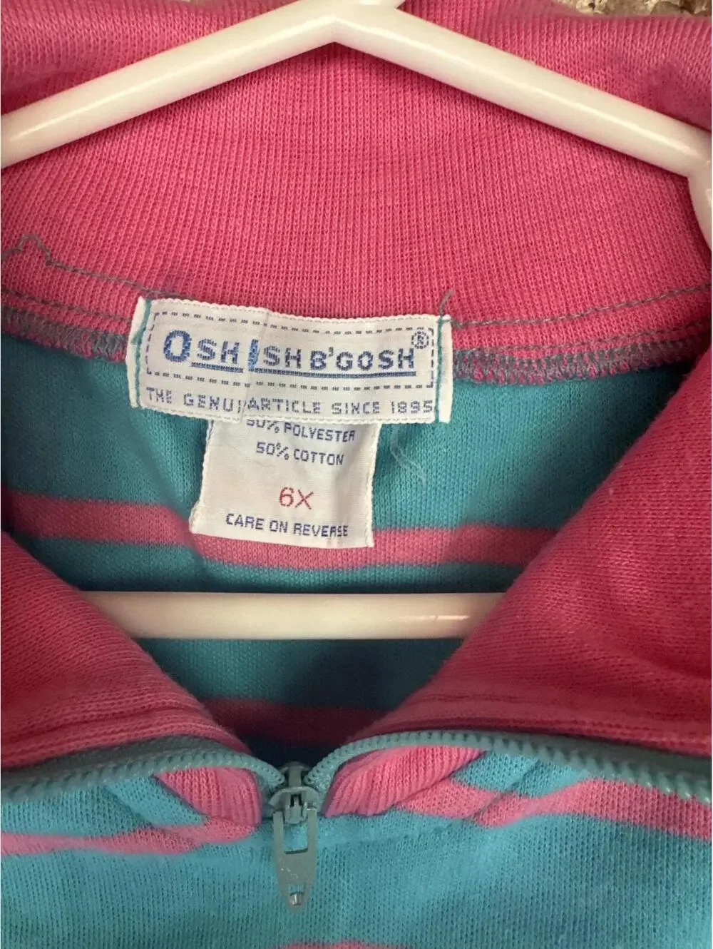 Vintage OshKosh B'gosh Girls 6X Quarter-Zip Pullover – Aqua & Pink Stripes
